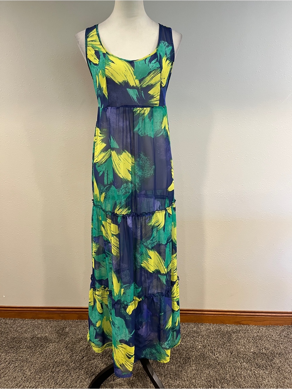 Sleeveless Floral‎ Brushstroke see through Maxi Dress